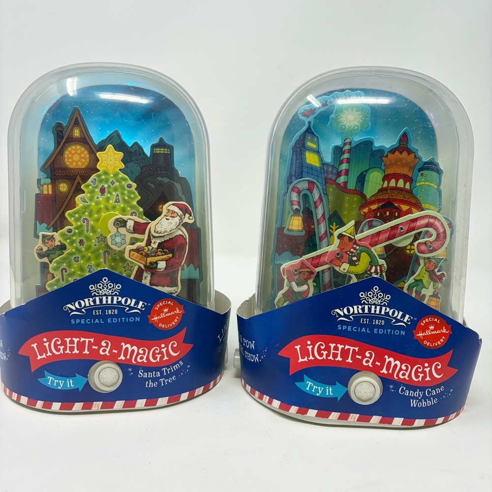 Hallmark Light-a-Magic Set Santa Trims Tree & Candy‎ Cane Wobble (2014) Working